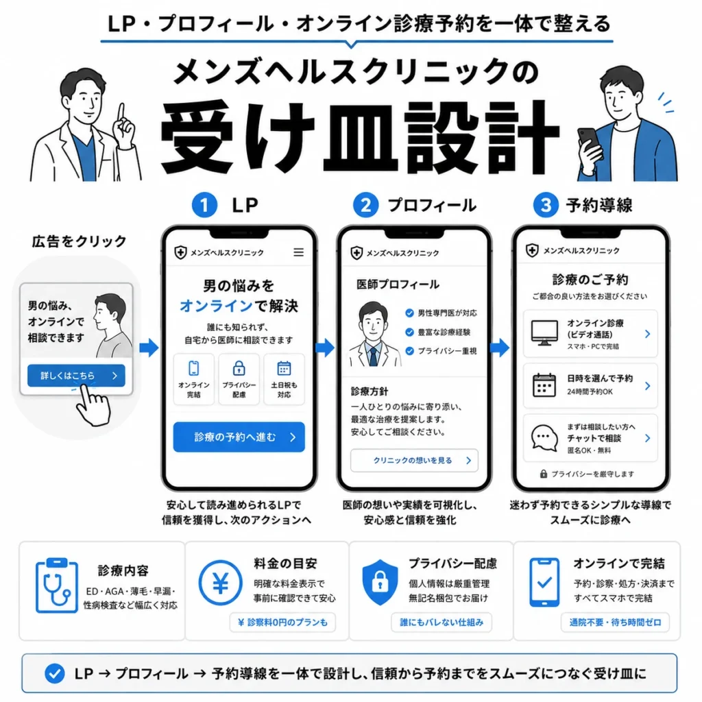 LP・プロフィール・オンライン診療予約を一体で整える受け皿設計を示すイラスト