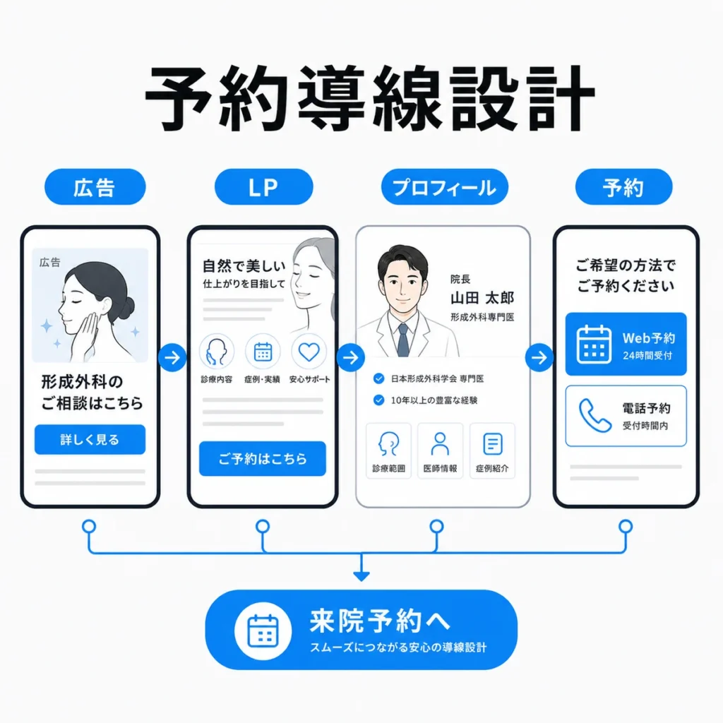 広告からLP、プロフィール、予約へつなぐ形成外科クリニックの導線設計を示すイラスト