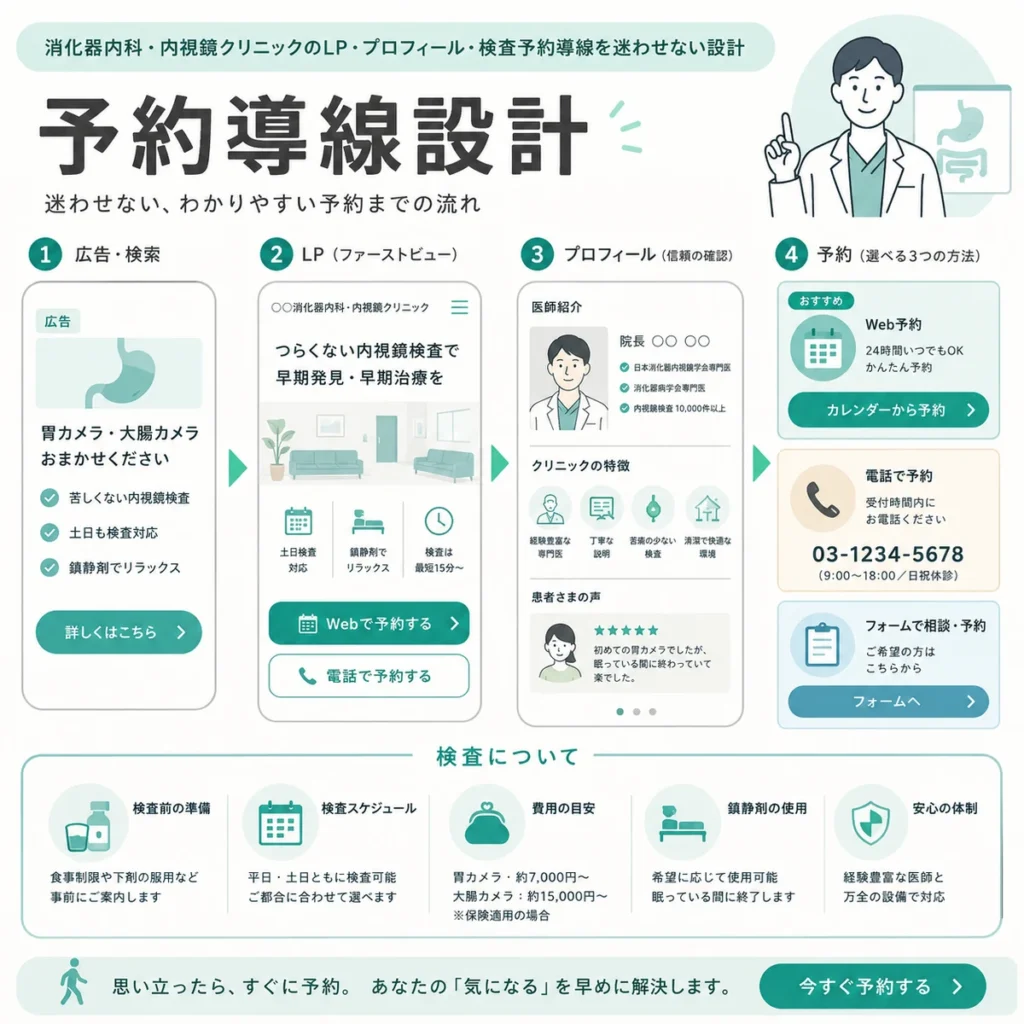 LPやプロフィールからWeb予約・電話・フォームへ迷わず進める検査予約導線を示すイラスト