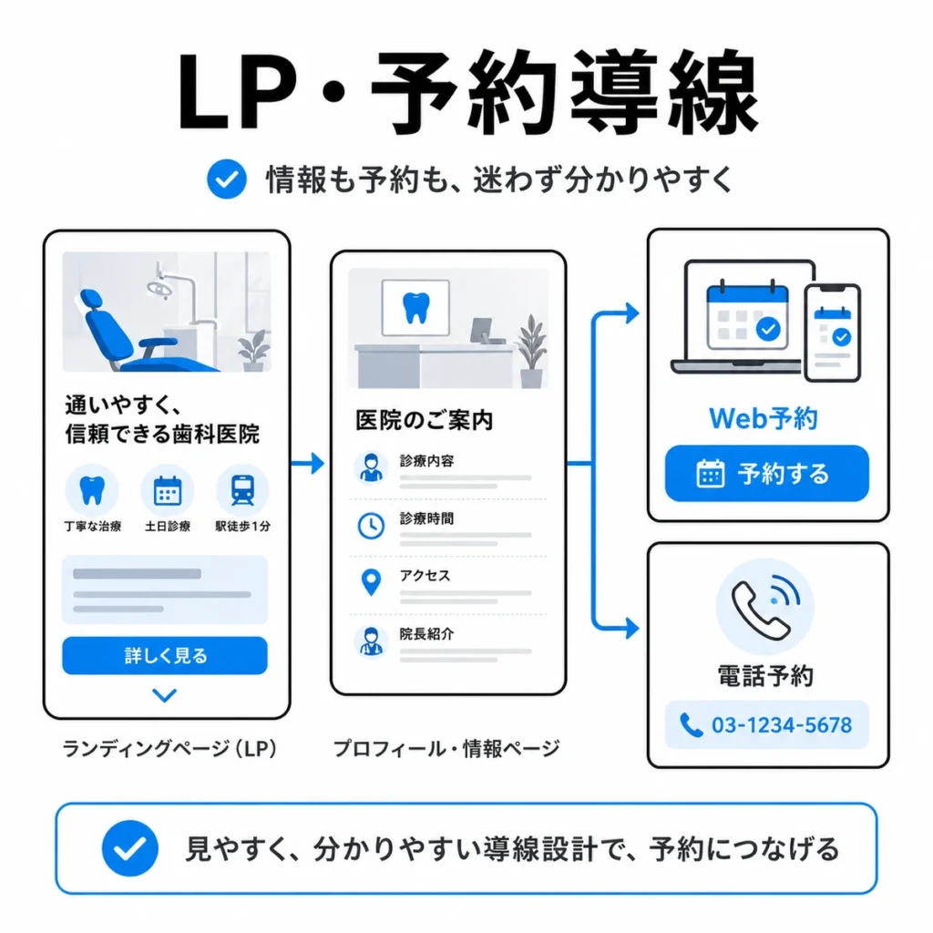 LPとプロフィール情報からWeb予約や電話予約へ迷わず進める予約導線を示すイラスト