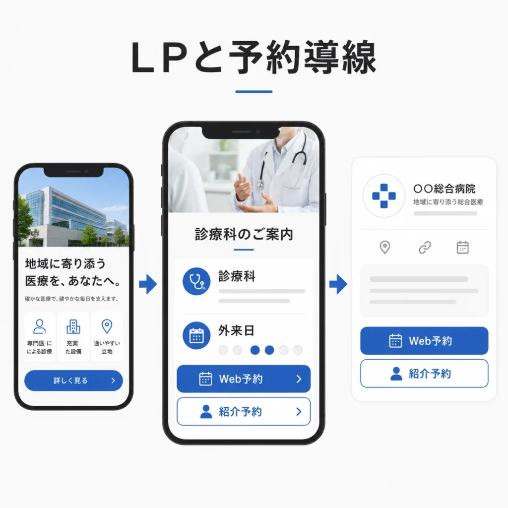 総合病院の広告LPからプロフィールやWeb予約・紹介予約へつなぐ導線を示すイラスト