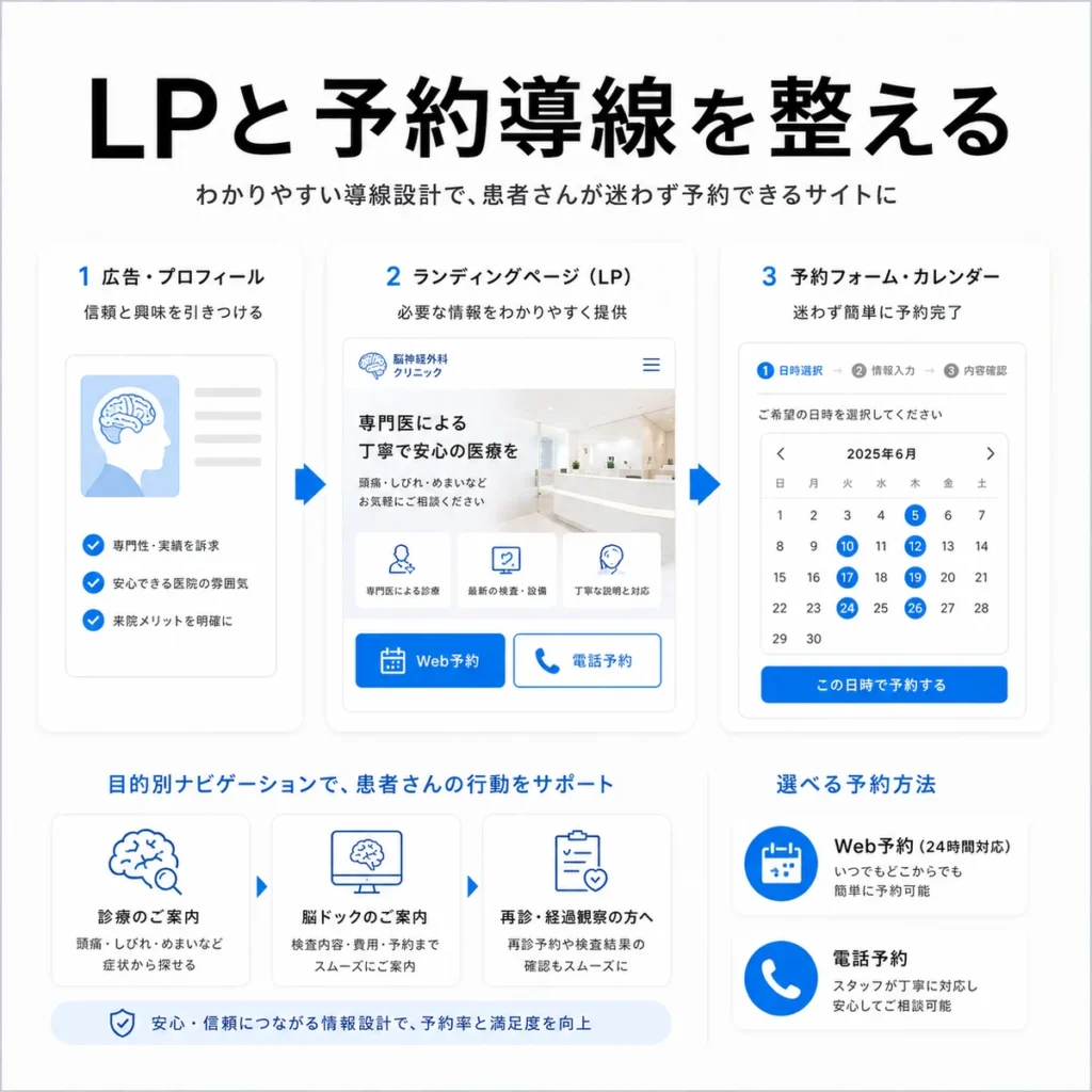 LP、プロフィール、予約フォームを整えて迷わず予約できる導線を示すイラスト