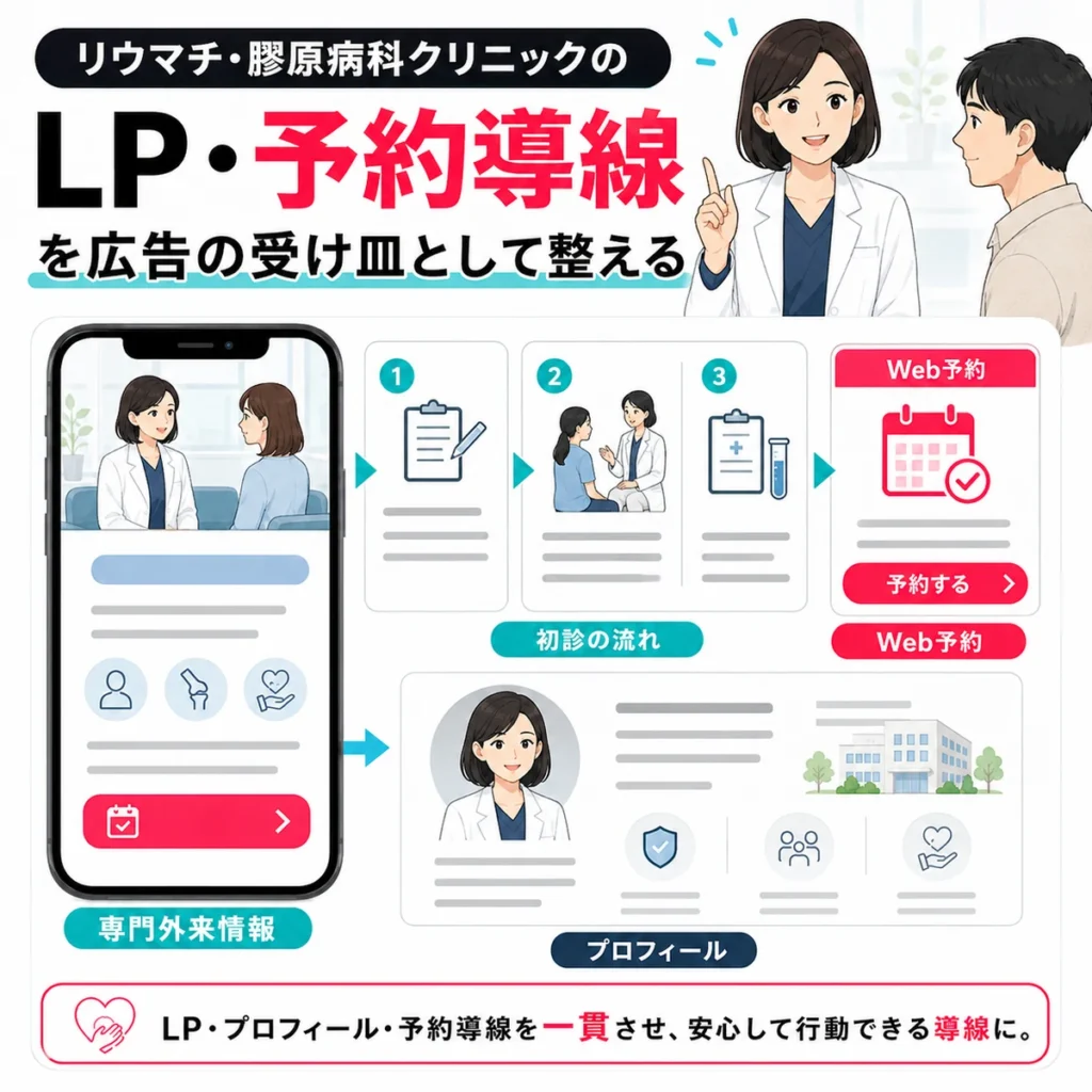 LP、プロフィール、Web予約導線を広告の受け皿として一貫させる流れを示すイラスト