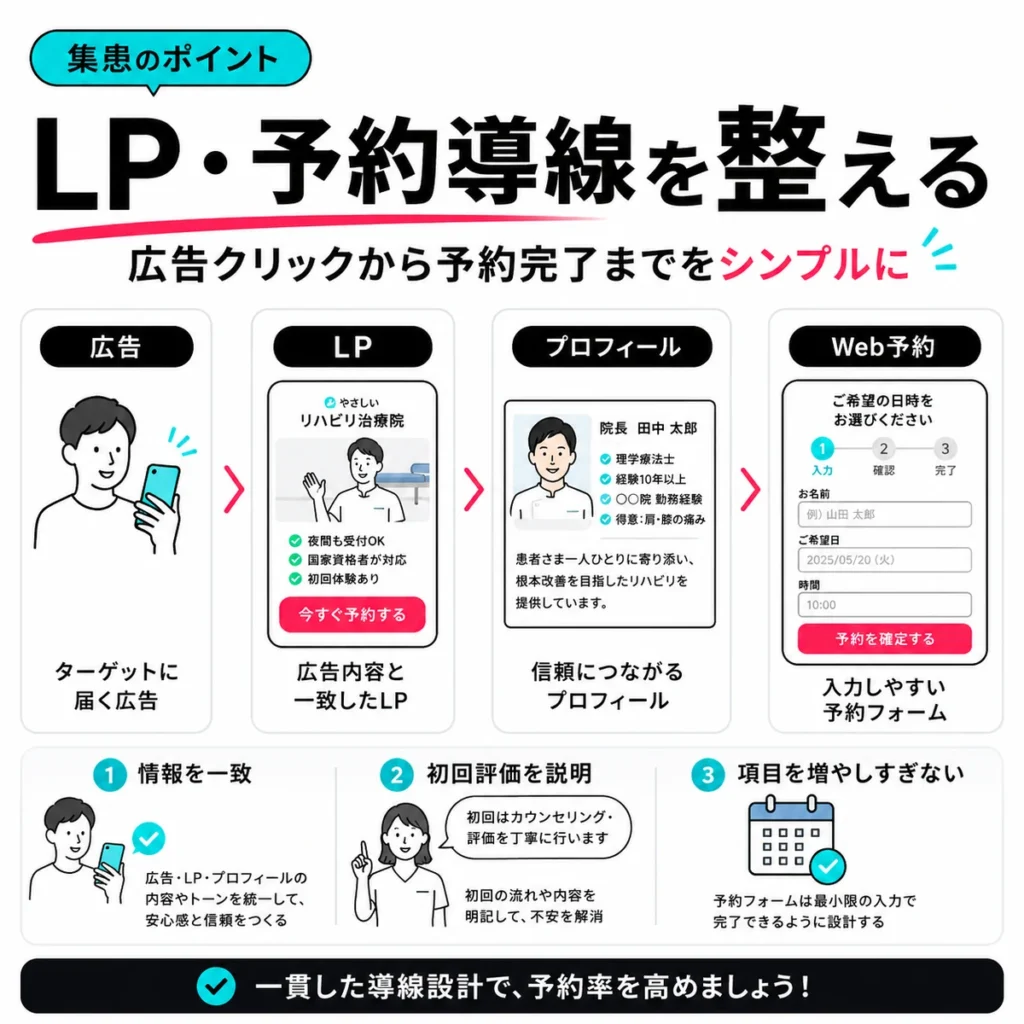 TikTok広告後のLP・プロフィール・Web予約までの導線設計を示すイラスト