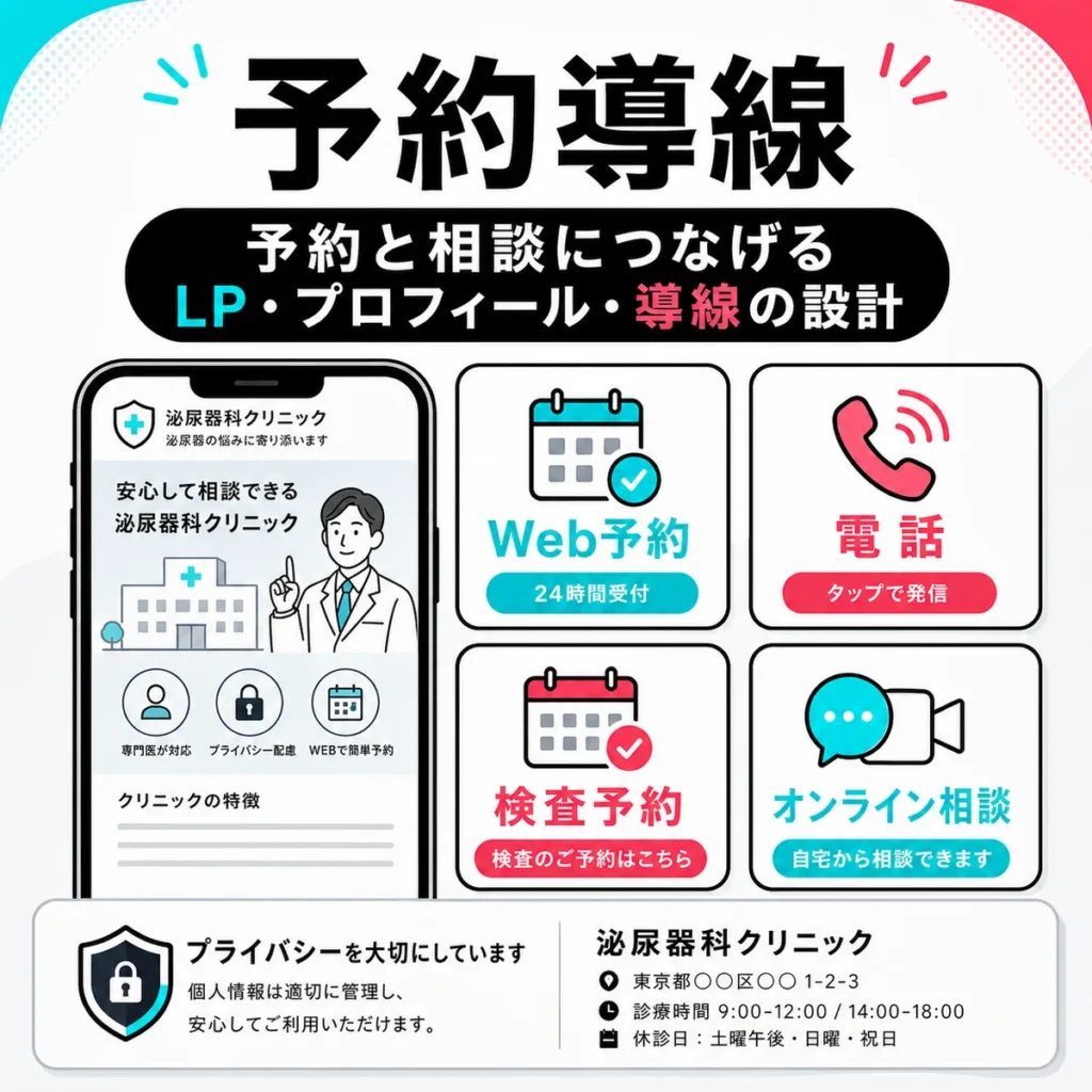 予約と相談につなげるLPやプロフィール、Web予約導線を説明するイラスト