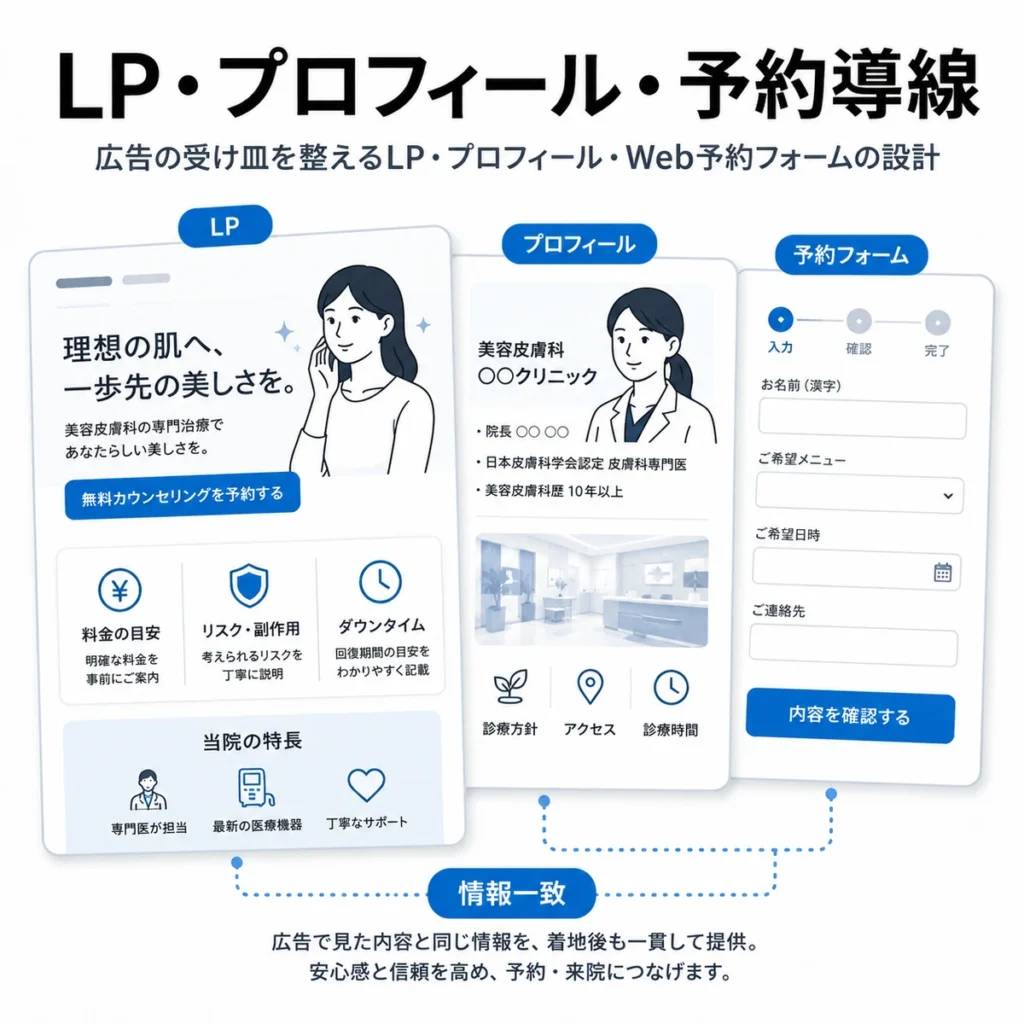 広告の受け皿となるLP、プロフィール、Web予約フォームの情報一致を示すイラスト