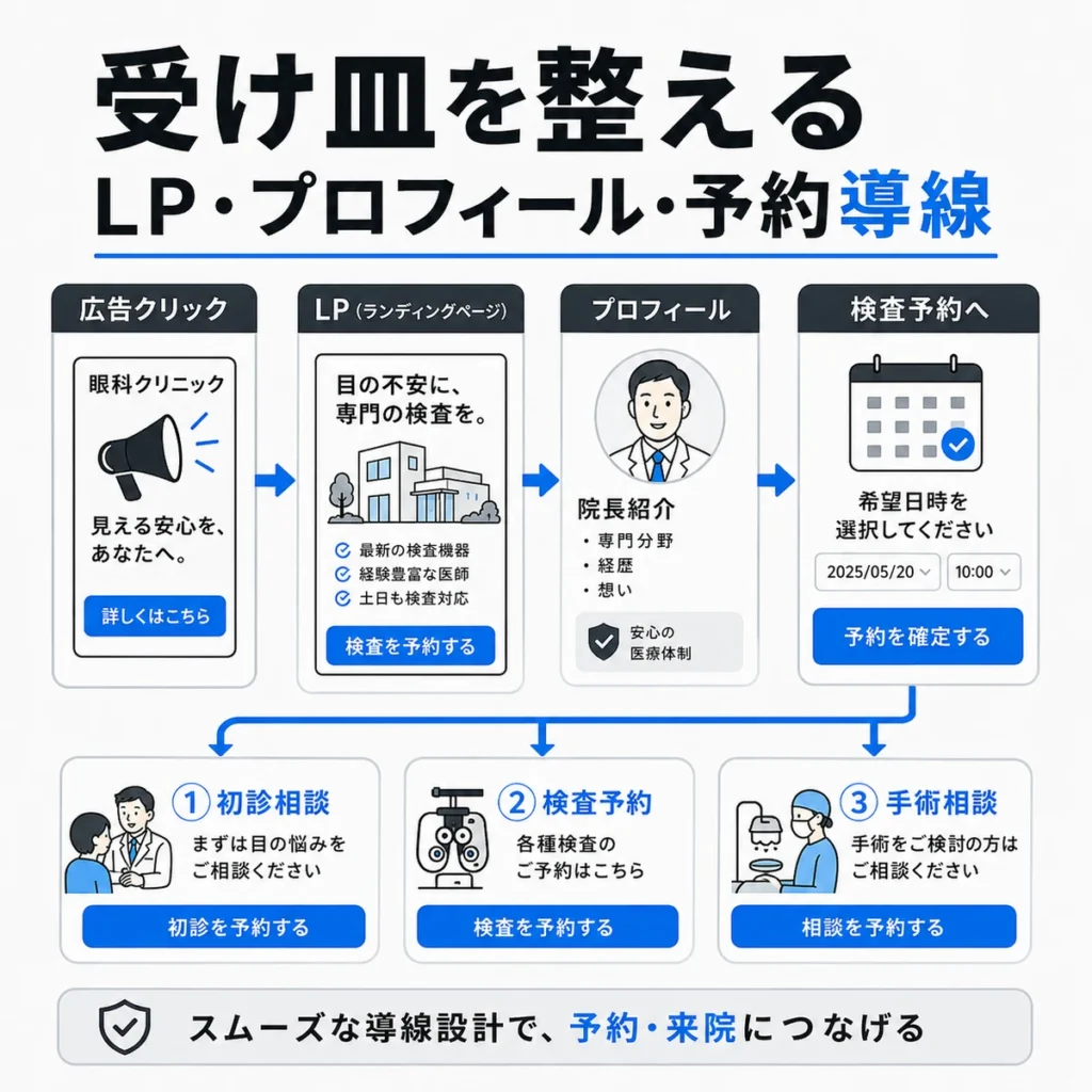広告クリック後のLP、プロフィール、検査予約導線を整えて来院につなげる流れのイラスト
