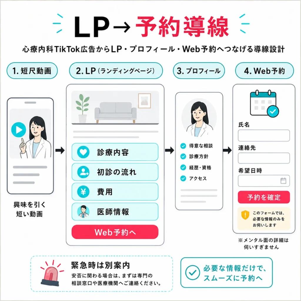 TikTok広告からLP、プロフィール、Web予約へつなげる導線設計を示すイラスト