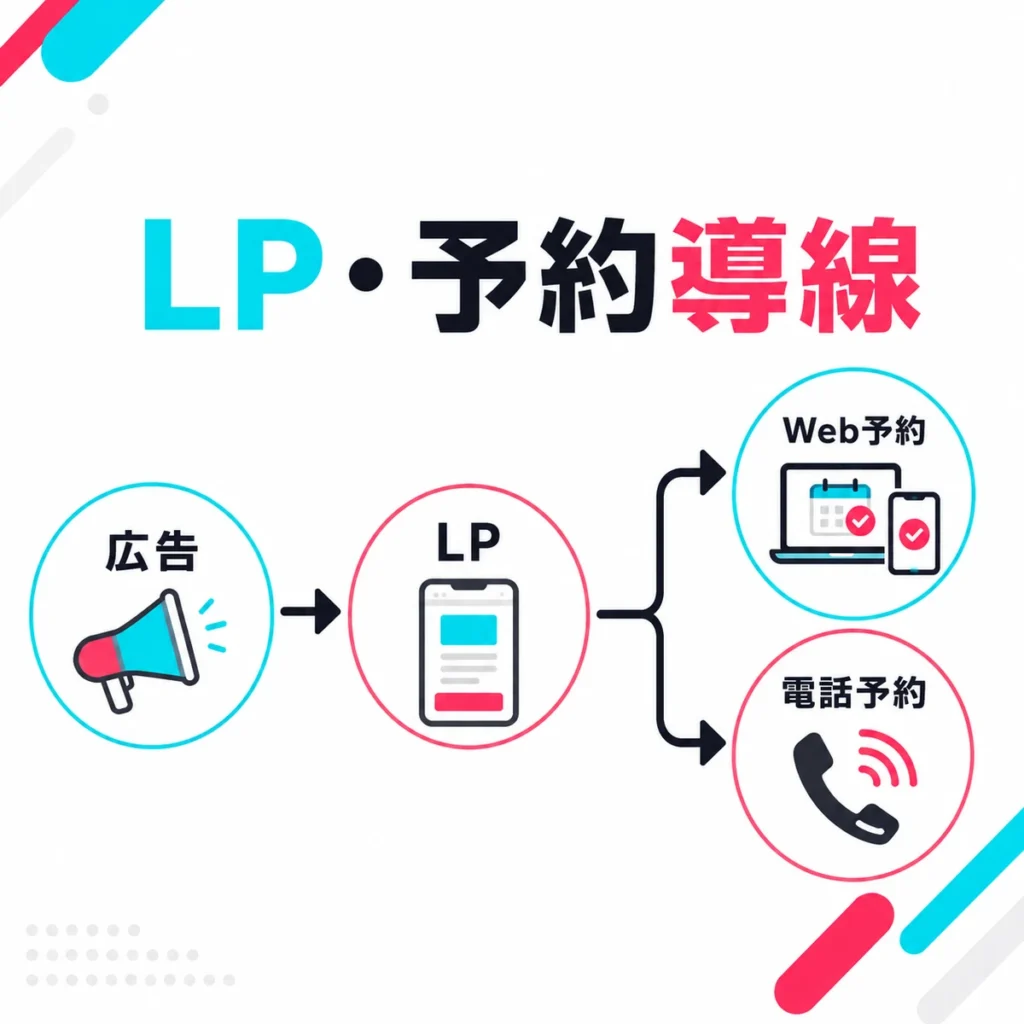 広告からLPを経由してWeb予約や電話予約につなげる予約導線を示すイラスト