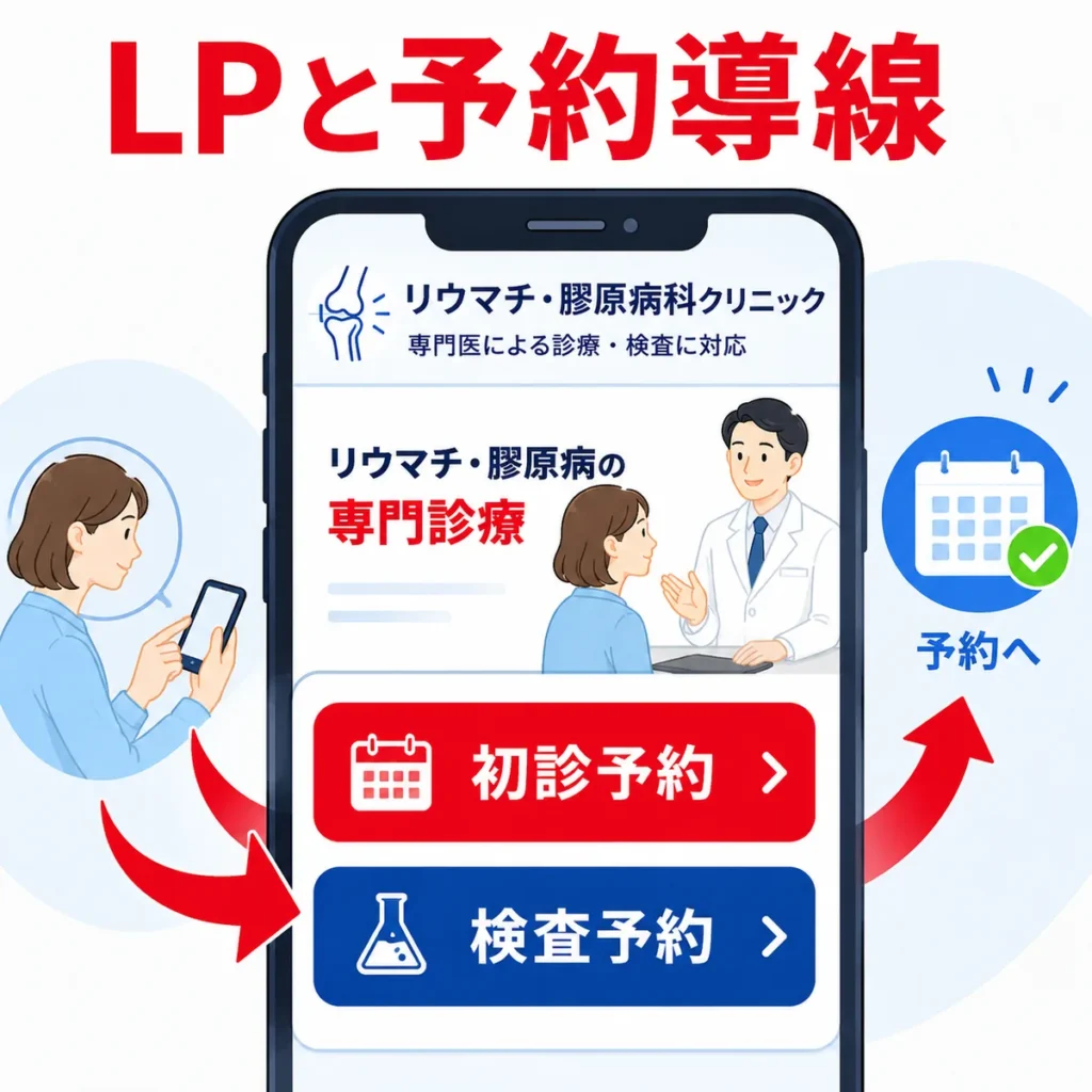 LP上で初診予約と検査予約へ迷わず進める予約導線を示すスマートフォン画面のイラスト