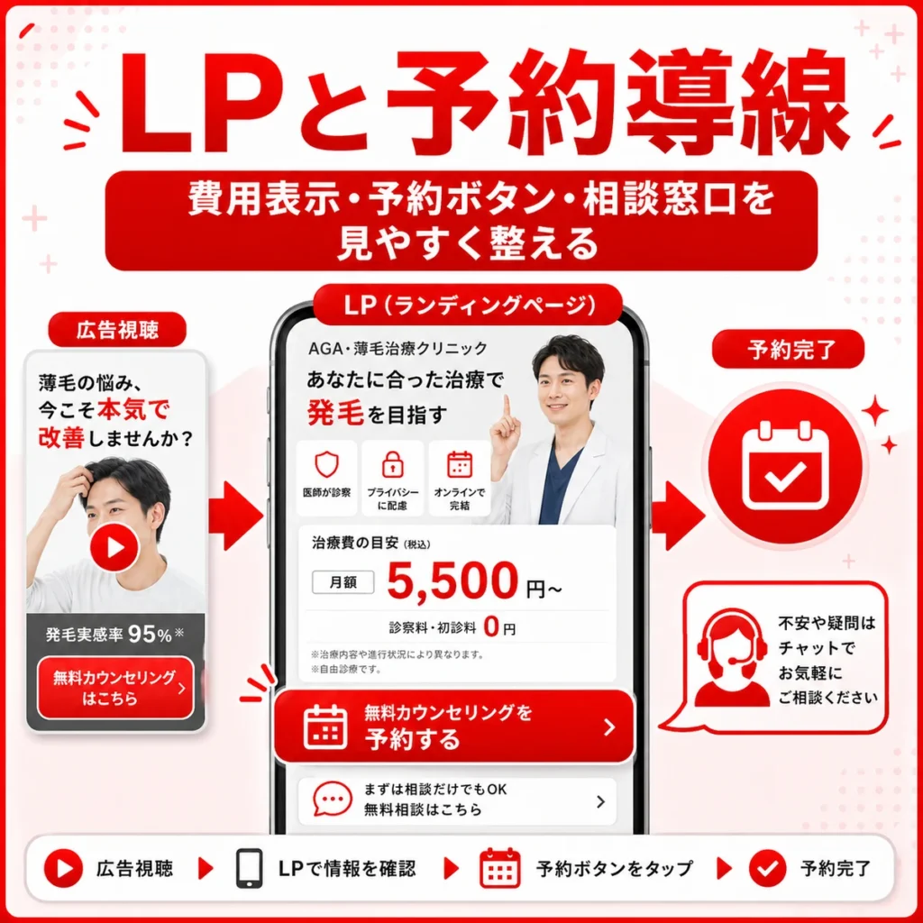 広告視聴からLPで費用を確認し予約へ進む薄毛治療クリニックの導線を示すイラスト