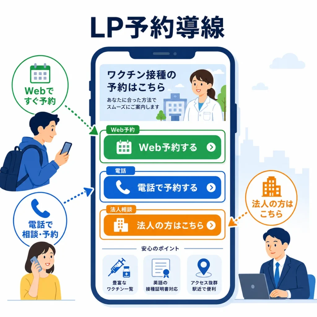 広告クリック後にWeb予約・電話予約・法人相談へ迷わず進めるLP導線を示すイラスト