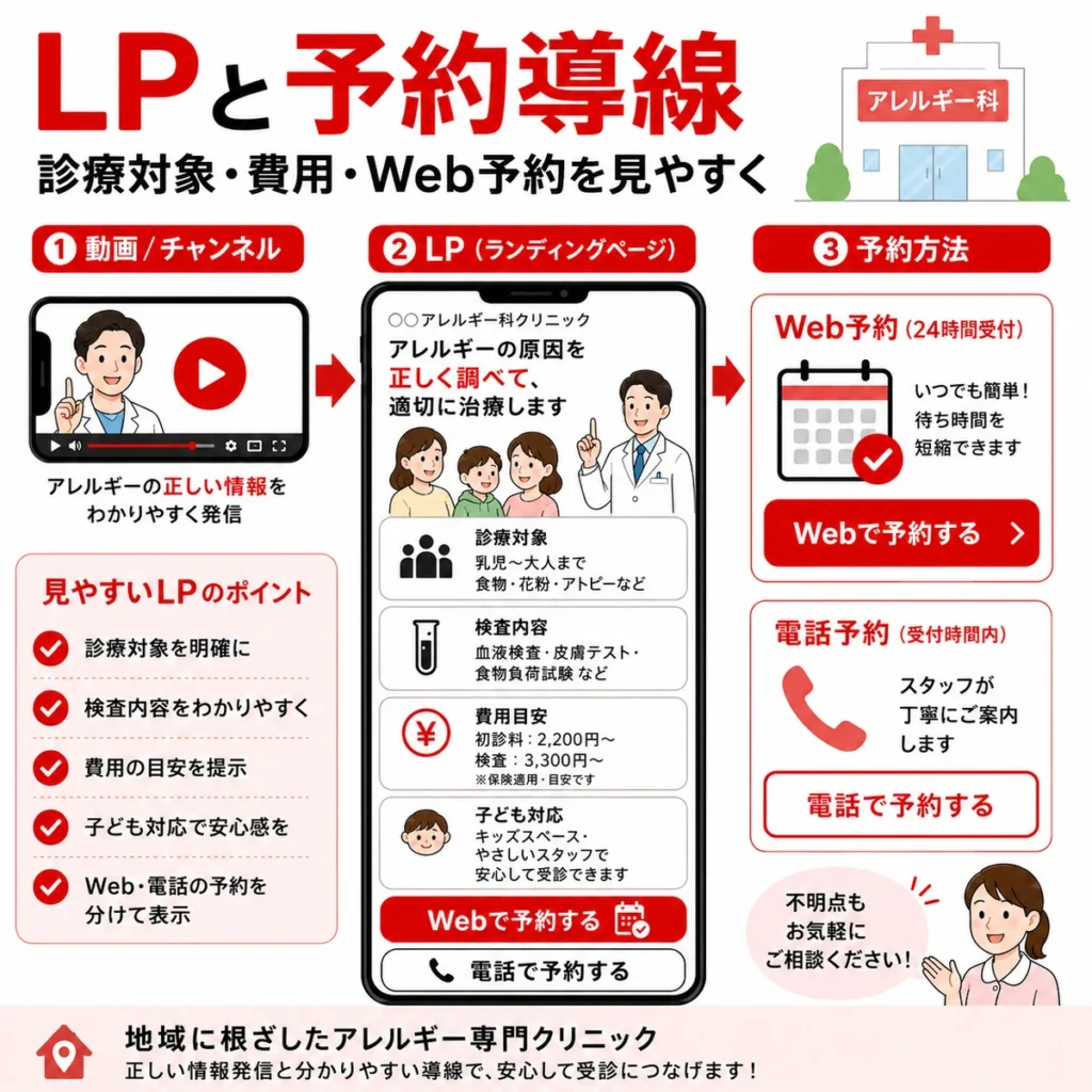 YouTubeチャンネルからLP、Web予約と電話予約へつなげる導線設計を示すイラスト