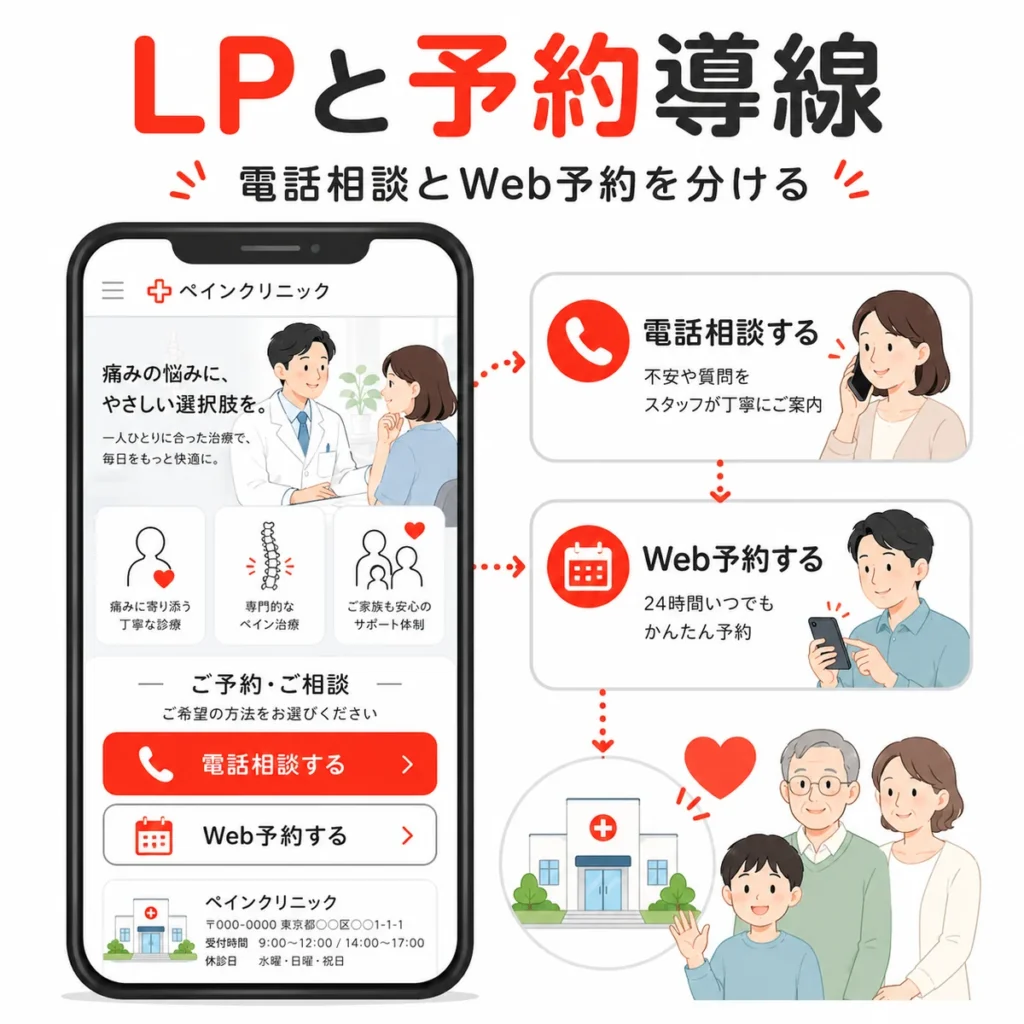 ペインクリニックのLPで電話相談とWeb予約を分けて予約導線を整える方法を示すイラスト