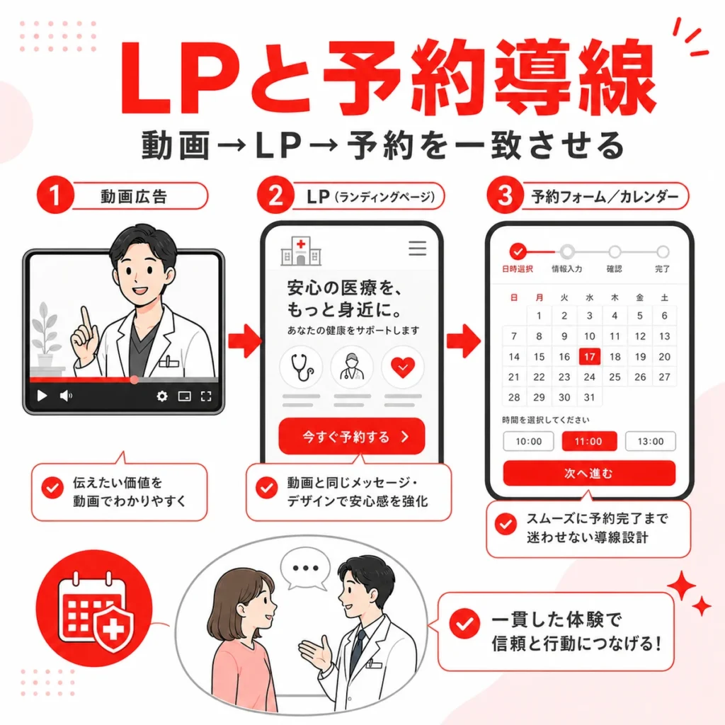 YouTube広告からLPと予約フォームへつなぐ一貫した予約導線を示すイラスト