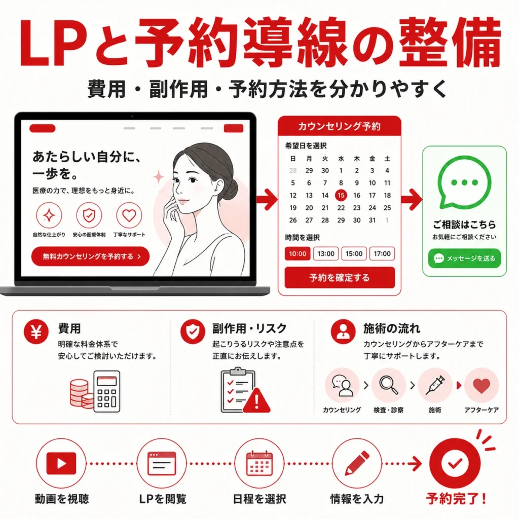 LPで費用や副作用を確認しWeb予約へ進む導線を分かりやすく示すイラスト