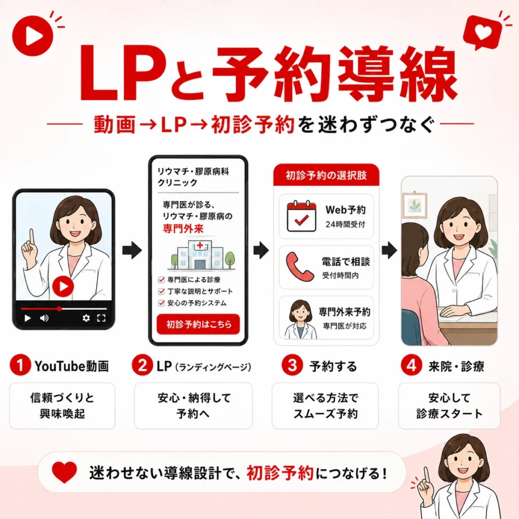 YouTube動画からLP、初診予約、来院診療まで迷わせずにつなぐ予約導線を示すイラスト