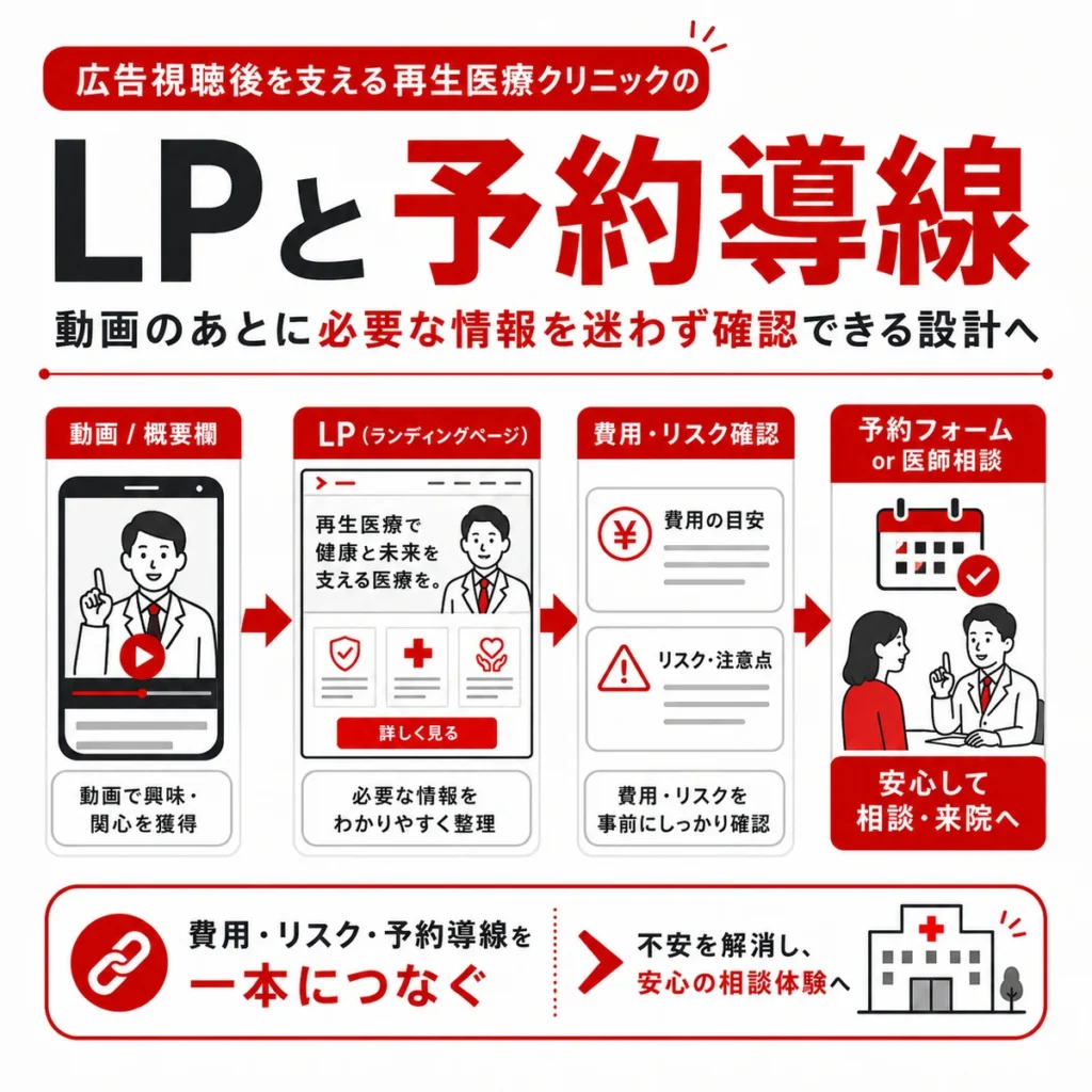 広告視聴後にLPや費用確認、予約フォームへ迷わずつなげる導線を示すイラスト