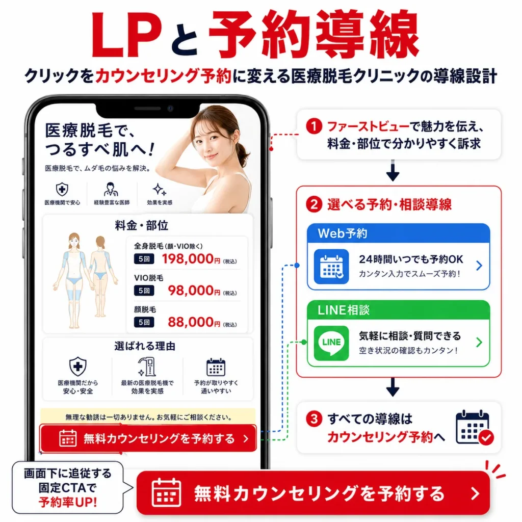 医療脱毛クリニックのLPからWeb予約やLINE相談を経てカウンセリング予約へ導く流れを示すイラスト