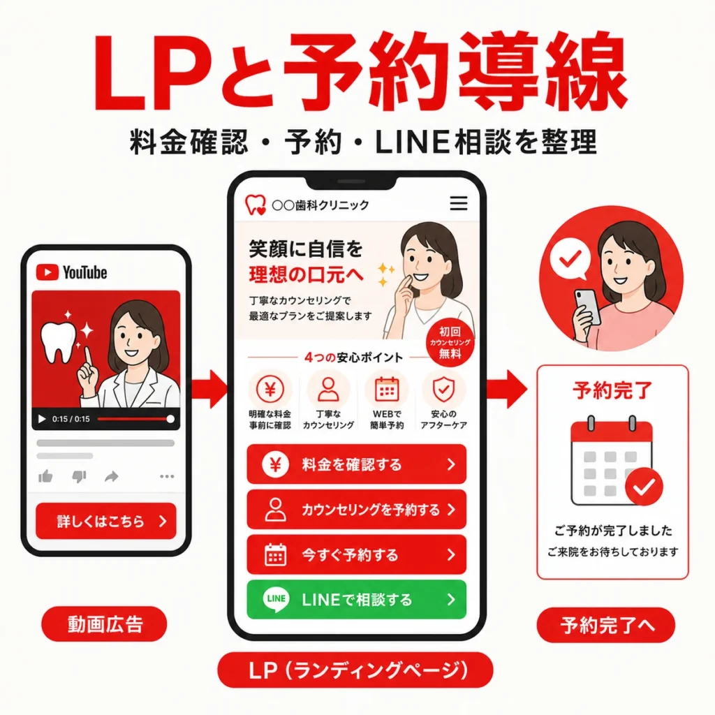 動画広告からLP、料金確認、予約、LINE相談へつなげる導線を整理したイラスト