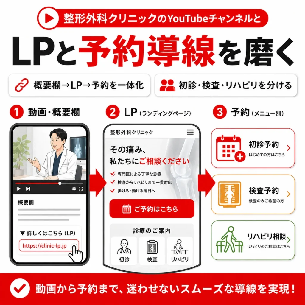 整形外科クリニックのYouTubeチャンネルから概要欄やLPや予約導線を一体化して迷わせない流れを示すイラスト