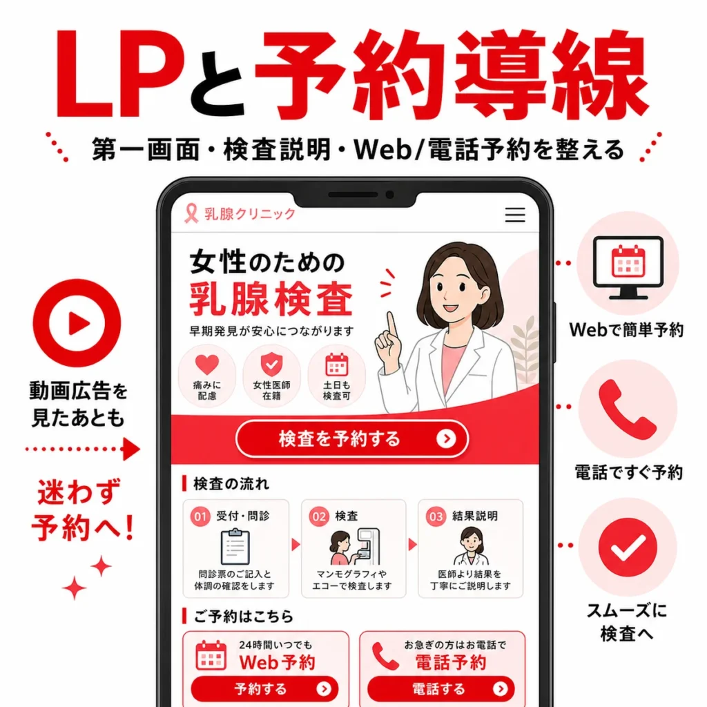 YouTube広告からLPとWeb予約・電話予約へ迷わず進める導線を示すイラスト
