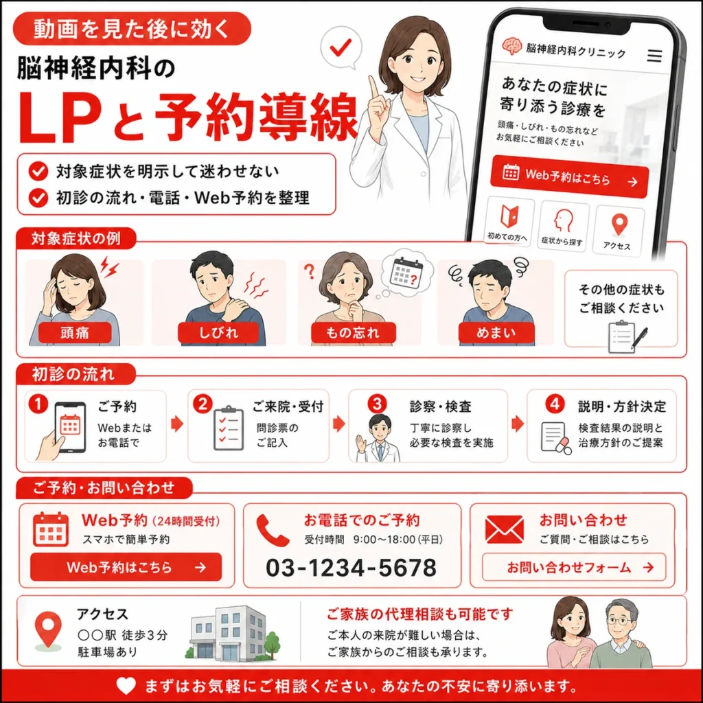 動画視聴後に迷わせない脳神経内科のLPとWeb予約、電話予約の導線を示すイラスト