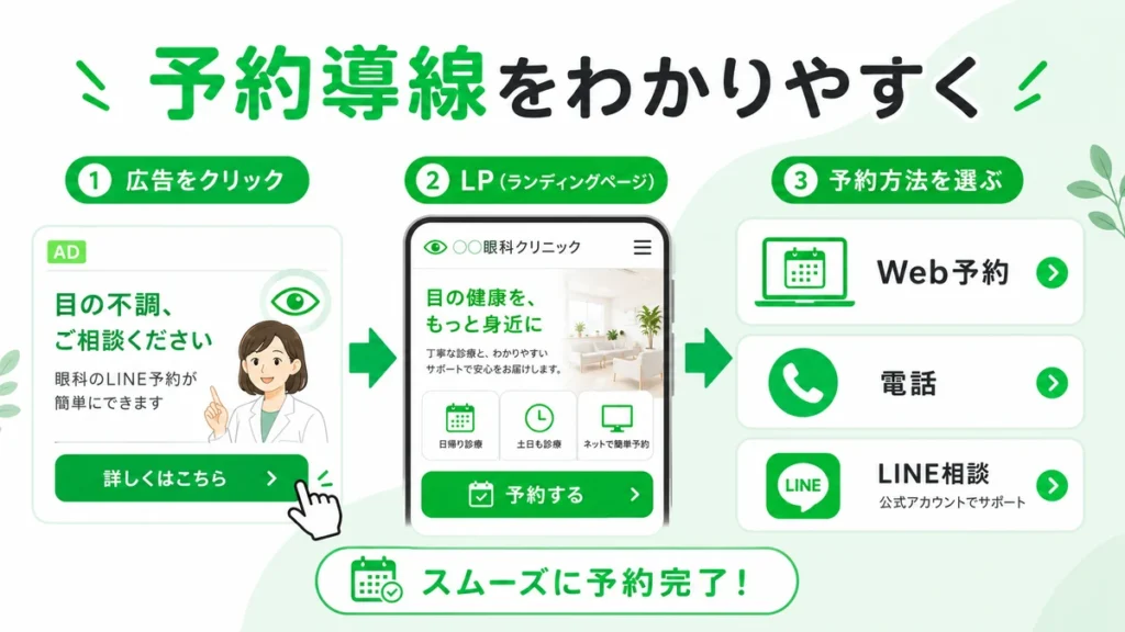 広告クリック後にLPからWeb予約、電話、LINE相談へ迷わず進める予約導線を示すイラスト