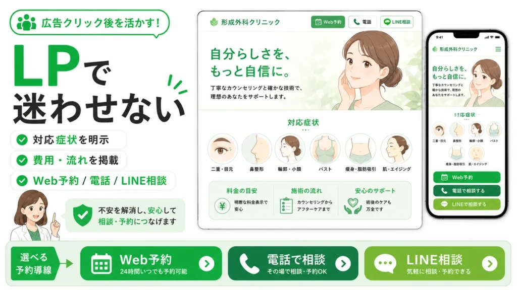 広告クリック後のLPで対応症状や費用、Web予約、電話、LINE相談の導線を分かりやすく示すイラスト