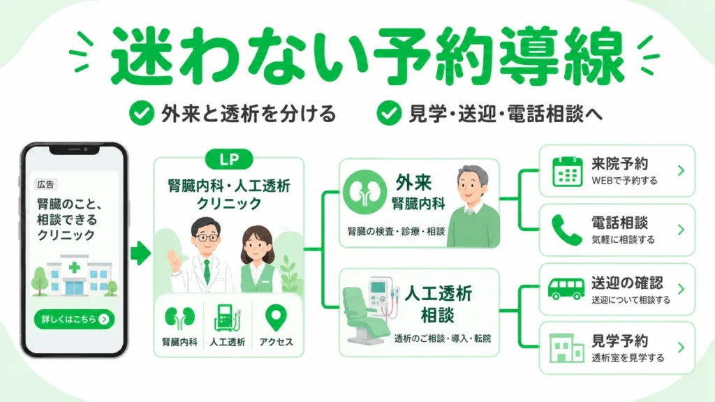 LPから外来相談と透析相談を分けて予約や電話相談へつなぐ導線を示すイラスト