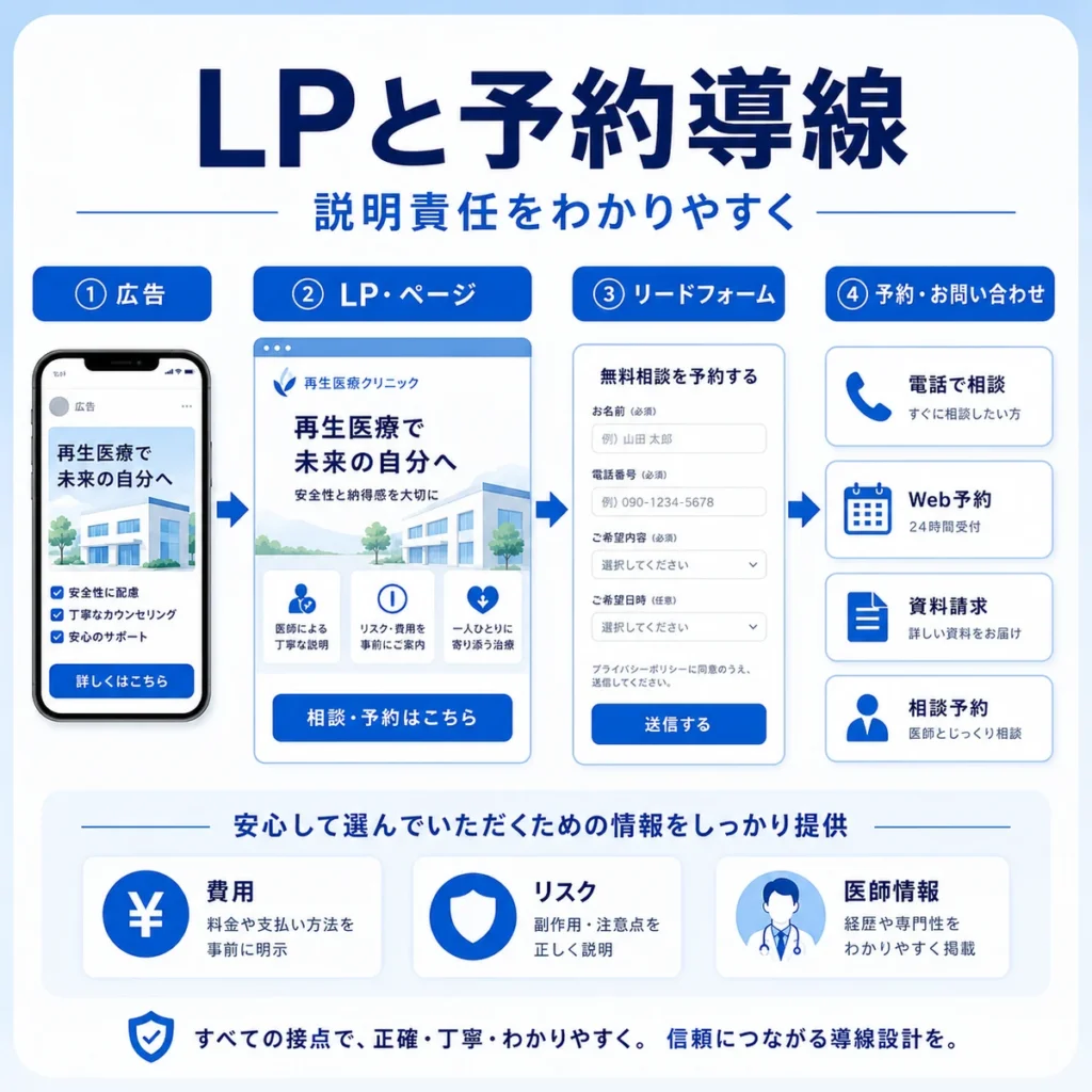 LP・Facebookページ・リードフォーム・予約導線を説明責任の視点で整える流れを示すイラスト