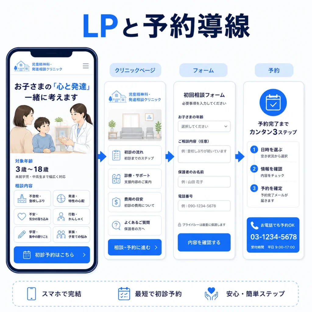 LP、クリニックページ、リードフォーム、予約完了までの導線をスマホ画面で示すイラスト