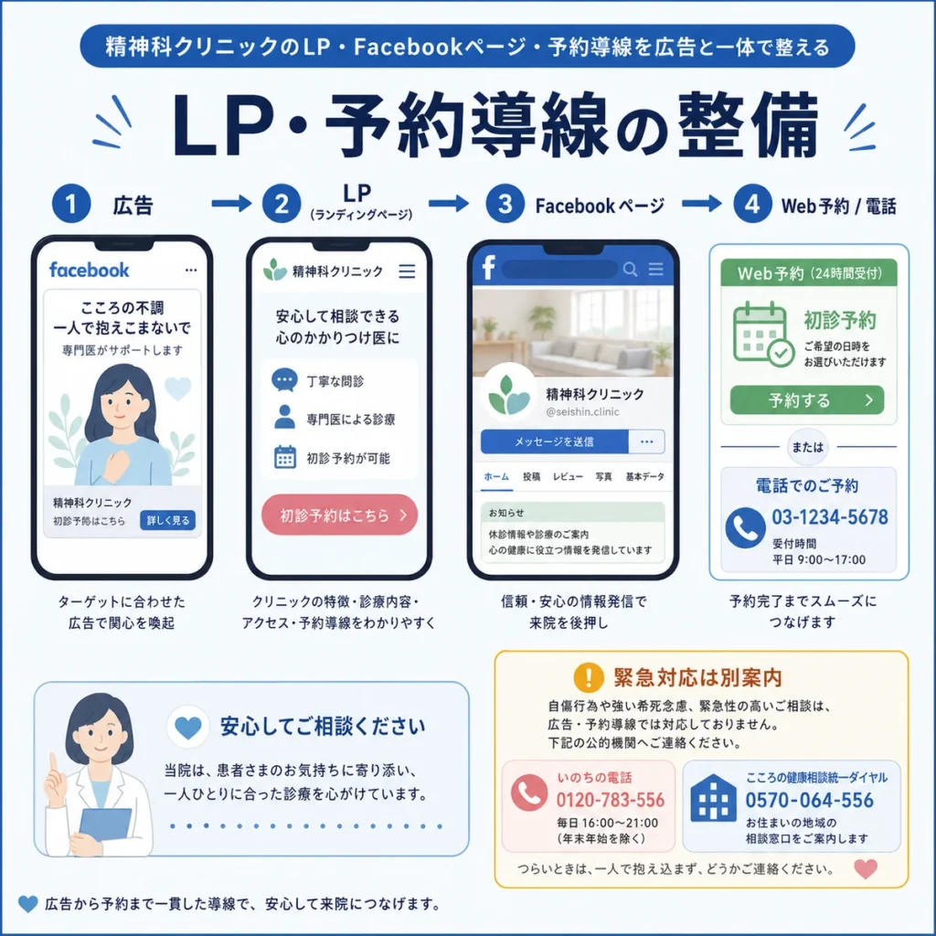 広告からLP、Facebookページ、Web予約や電話までの予約導線を一体で整える流れを示すイラスト