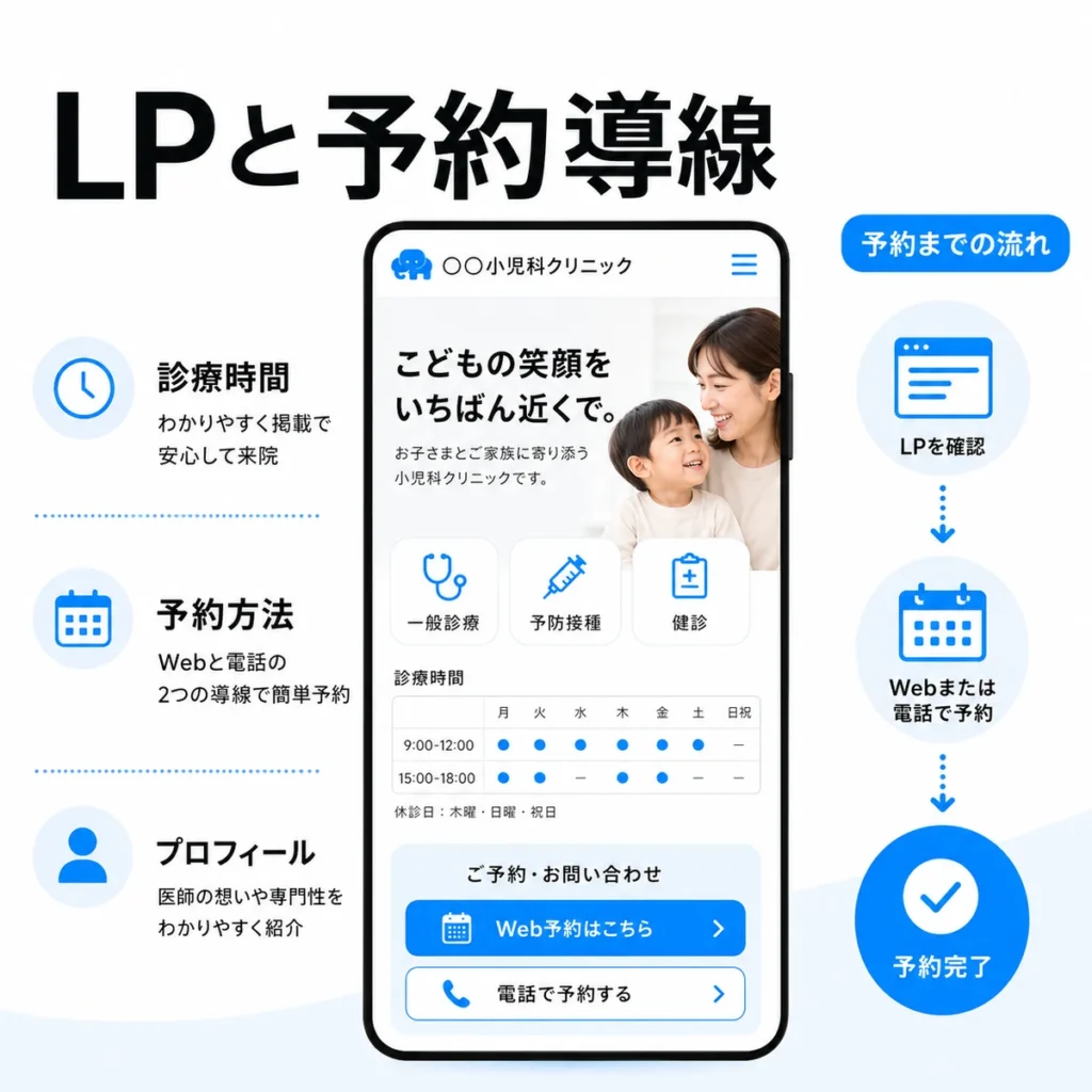 LPで診療時間や予約方法を示しWeb予約や電話予約へつなげる導線設計のイラスト