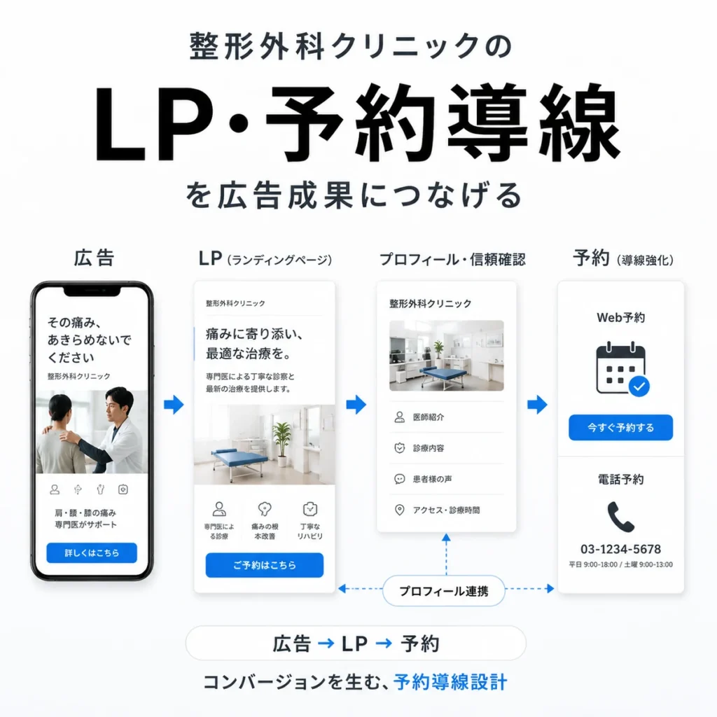 整形外科クリニックの広告からLP、プロフィール確認、Web予約や電話予約へつなげる導線のイラスト