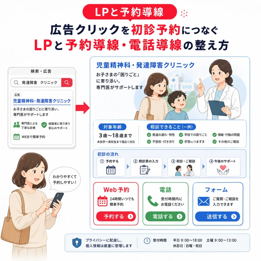 広告クリック後にLPからWeb予約、電話、フォームへつなぐ初診予約導線を示すイラスト