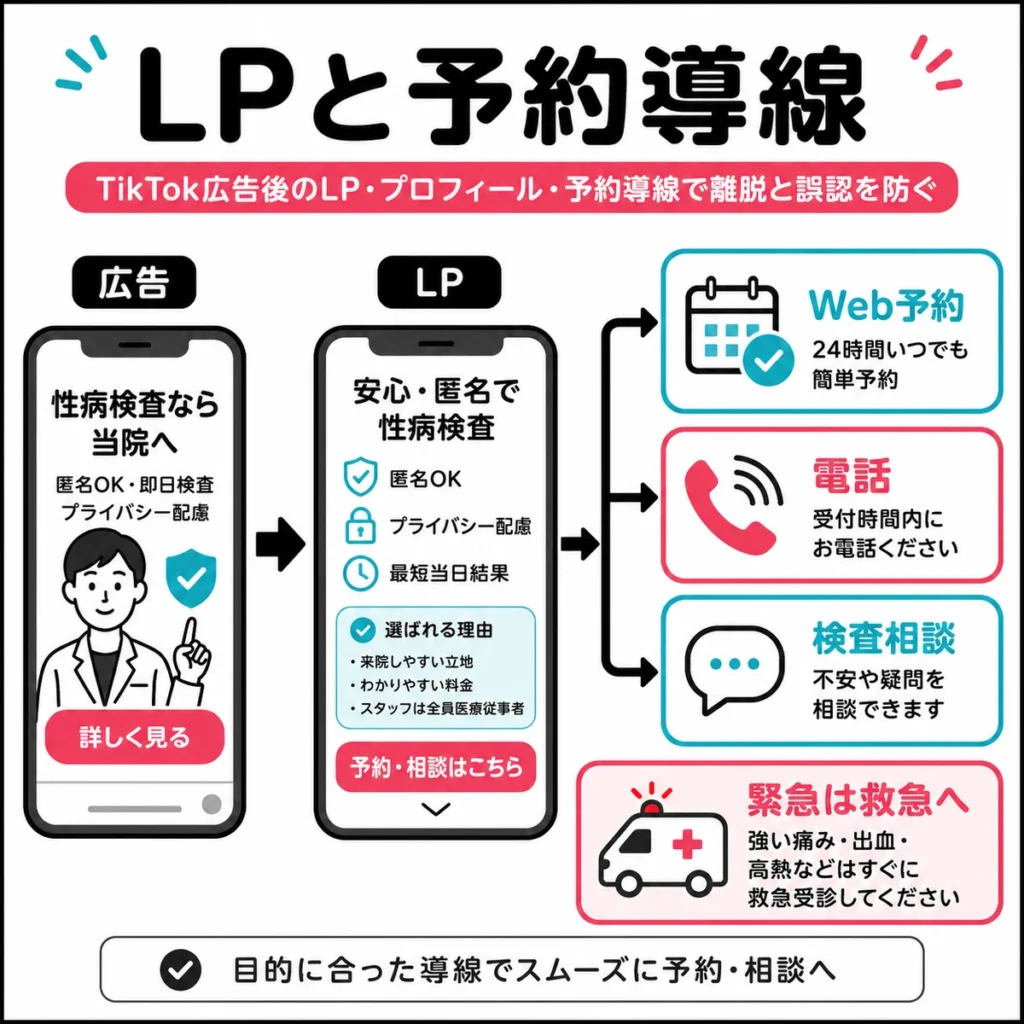 TikTok広告後のLPからWeb予約・電話・検査相談へ分岐する予約導線を示すイラスト