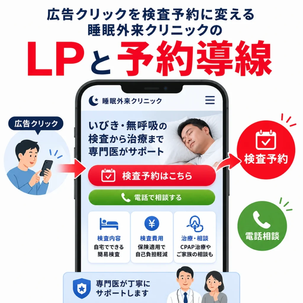 広告クリックから睡眠外来クリニックのLPを経て検査予約や電話相談へ導く流れを示すイラスト