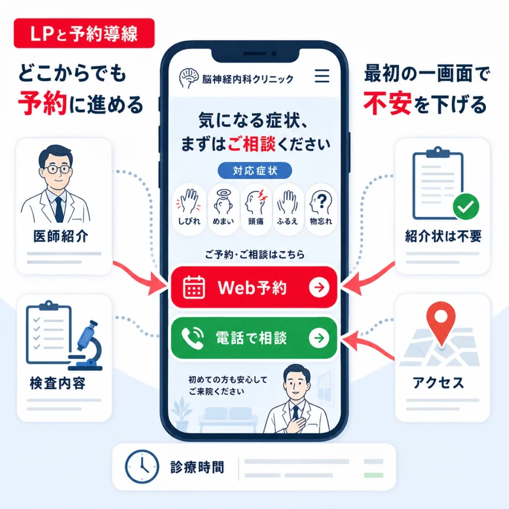 脳神経内科のLPで対応症状、Web予約、電話相談を分かりやすく配置し予約導線を作るイラスト