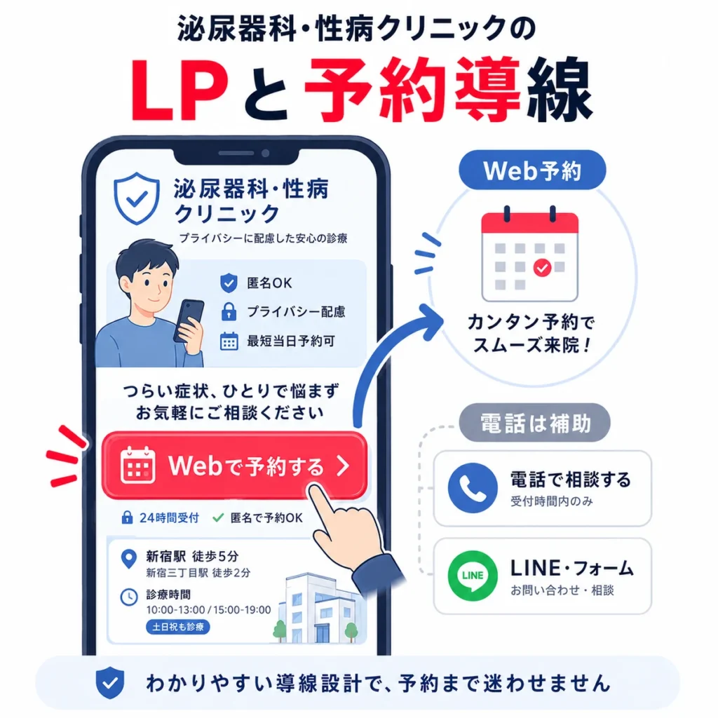 泌尿器科・性病クリニックのLPでWeb予約を主導線にし電話やフォームを補助導線にする設計を示すイラスト