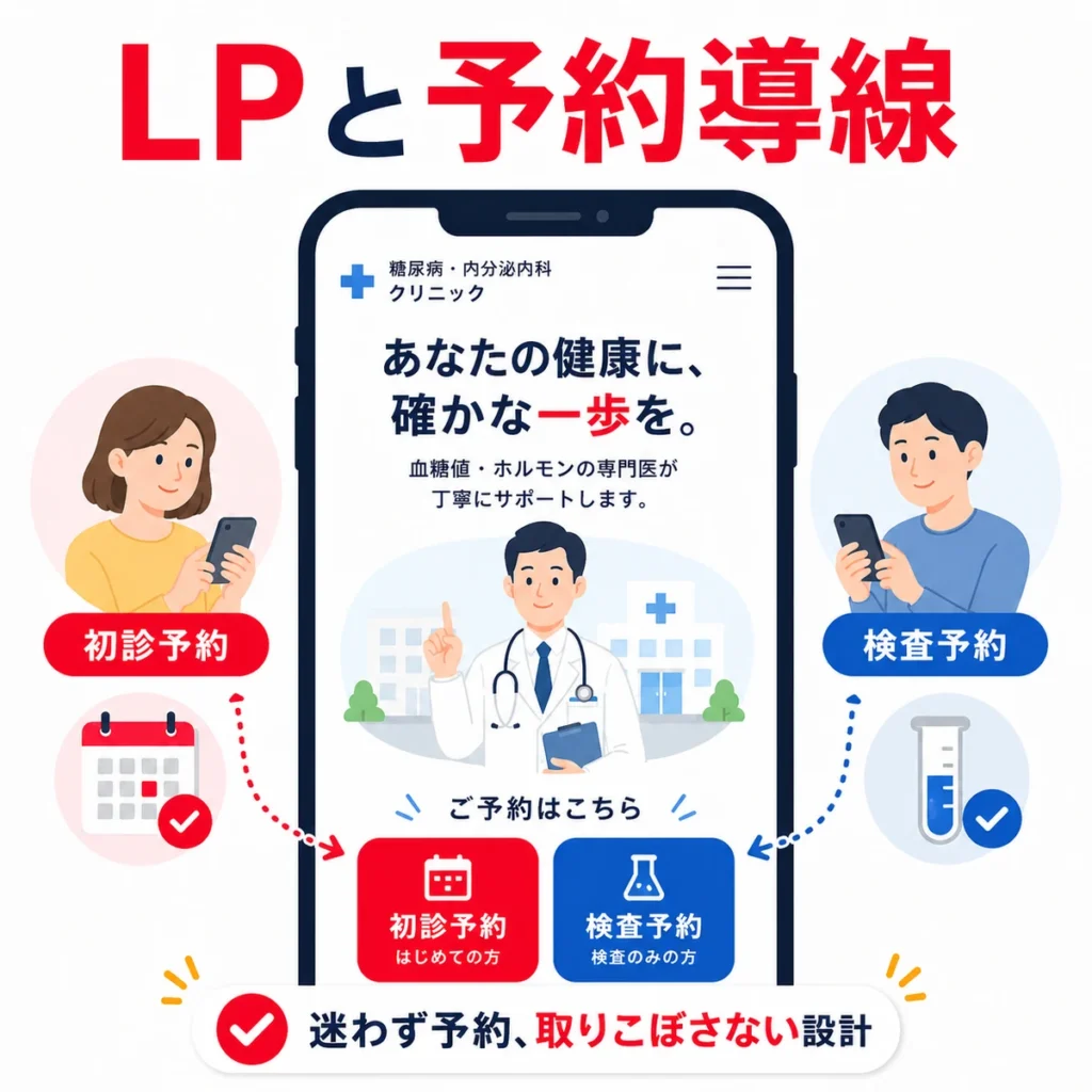 LPから初診予約と検査予約へ迷わず進める予約導線設計を示すイラスト