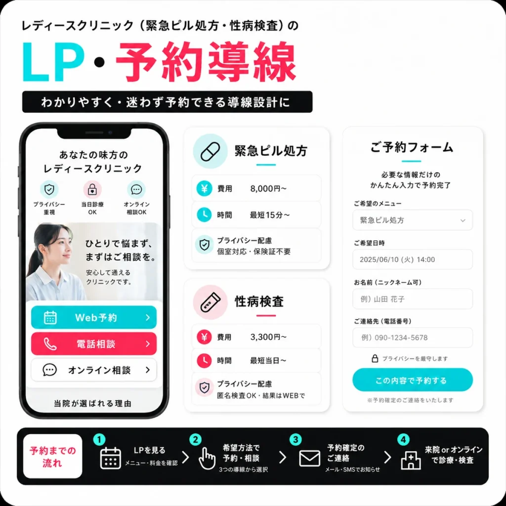 レディースクリニックのLPとWeb予約・電話相談・オンライン相談の導線設計を示すイラスト