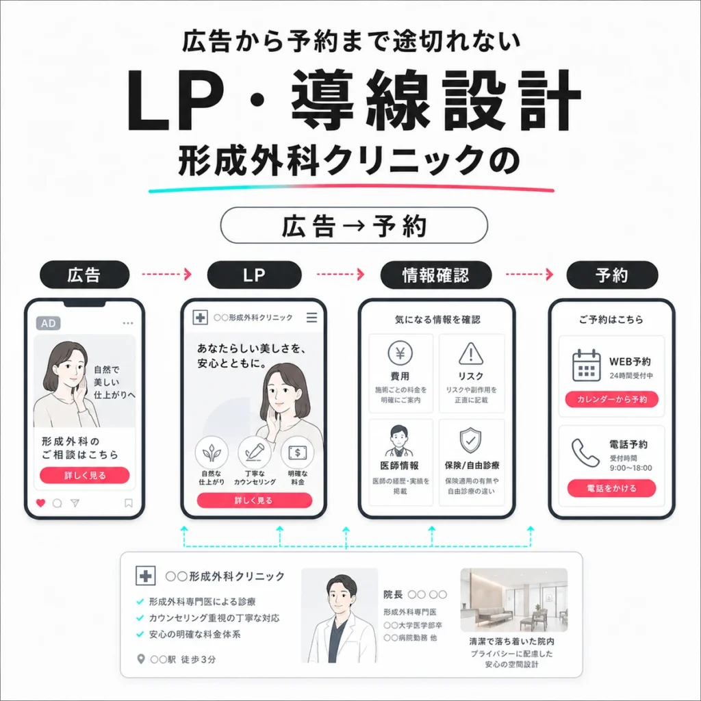 広告からLP確認、情報確認、予約まで途切れない導線設計を示すイラスト