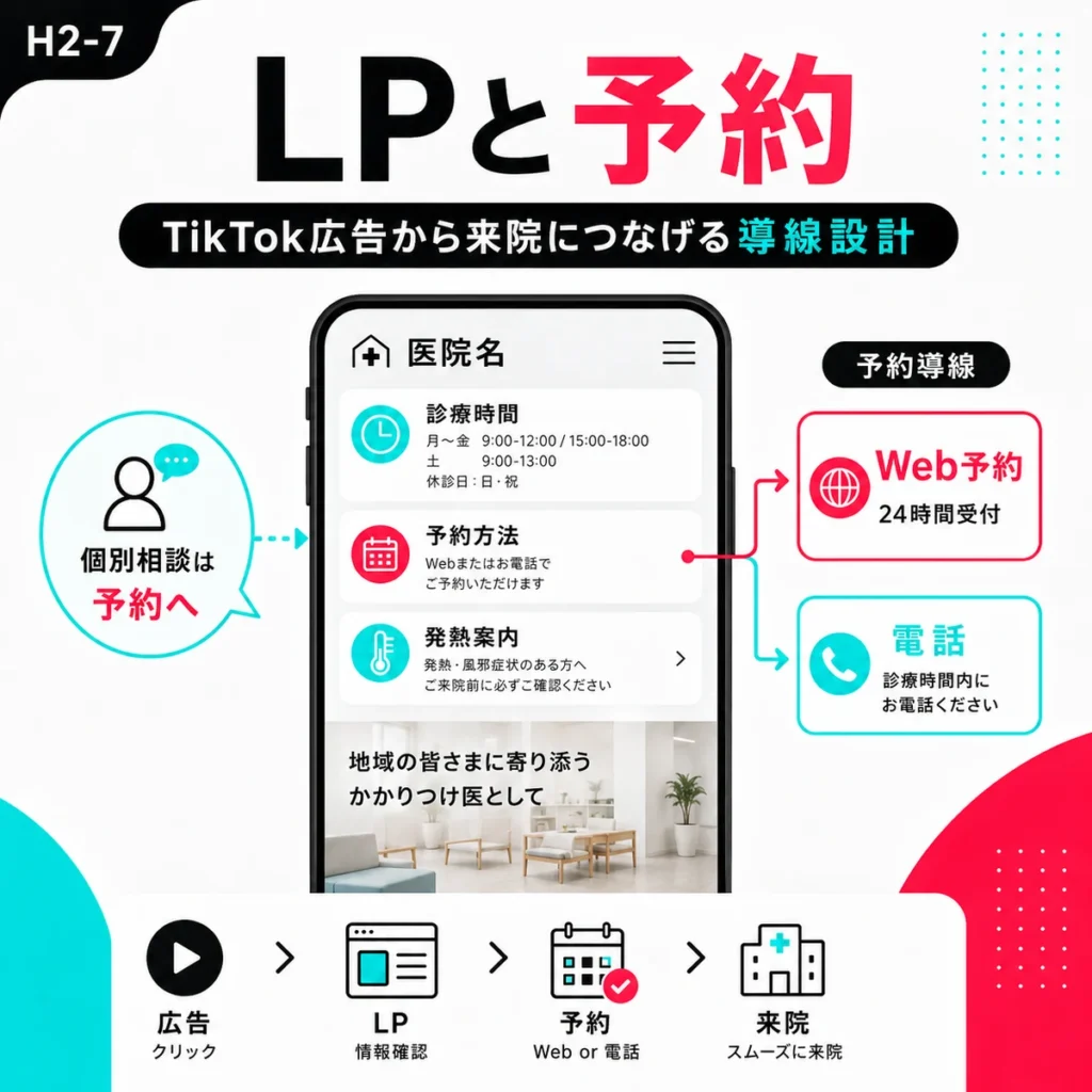 TikTok広告からLP、Web予約、電話、来院へつなげる予約導線設計を示すイラスト