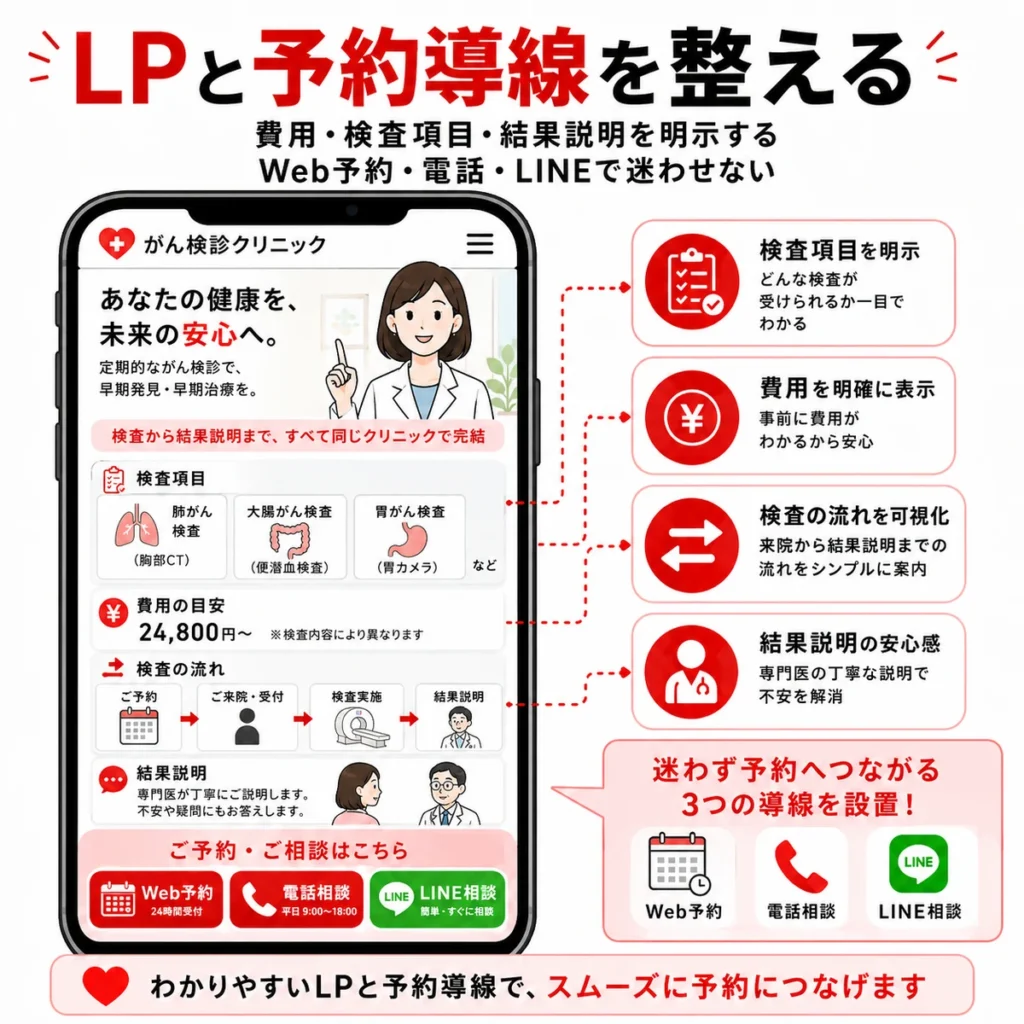 がん検診クリニックのLPで費用や検査項目、予約導線を分かりやすく整える様子を示すイラスト