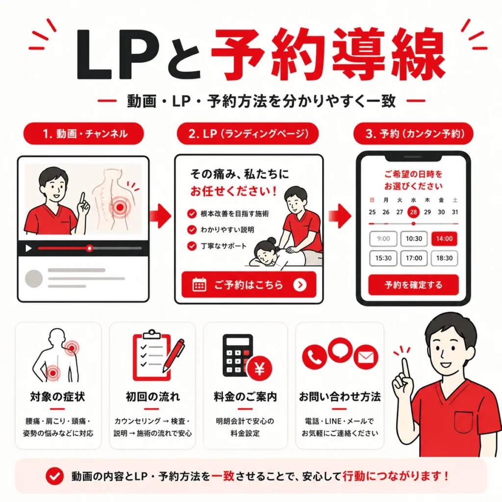 YouTubeチャンネルからLP、予約導線までを分かりやすく一致させる流れを示すイラスト