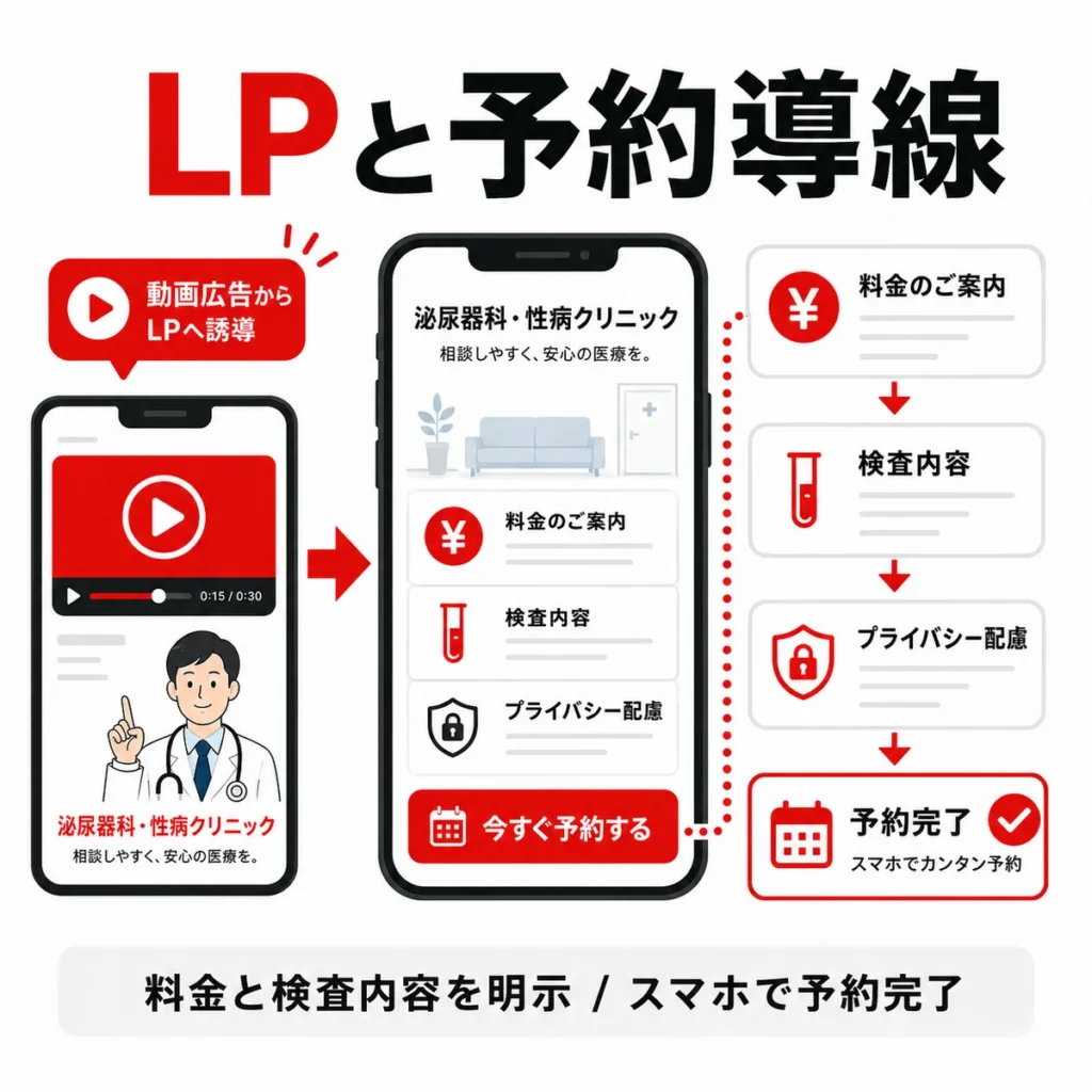 YouTube広告からLPへ誘導し料金や検査内容を明示してスマホ予約につなげるイラスト