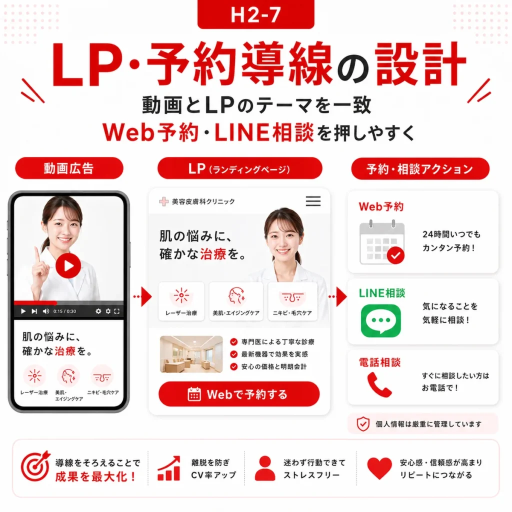 YouTube広告からLPとWeb予約やLINE相談へつなげる予約導線設計を示すイラスト