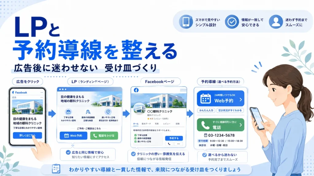 広告クリック後にLP、Facebookページ、Web予約や電話へ迷わず進める導線を示すイラスト