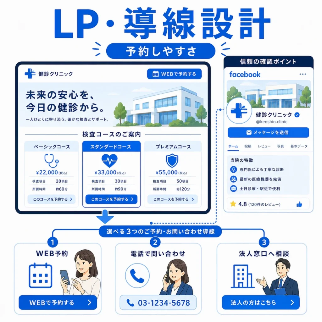 健診コース比較、Web予約、電話問い合わせ、法人窓口を分けたLP導線設計のイラスト